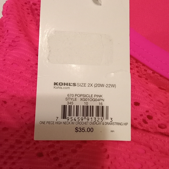 🆕Brand New! High Neck Crochet Overlay & Drawstring Hip Pink Women's Swimsuit 2X - Picture 7 of 11